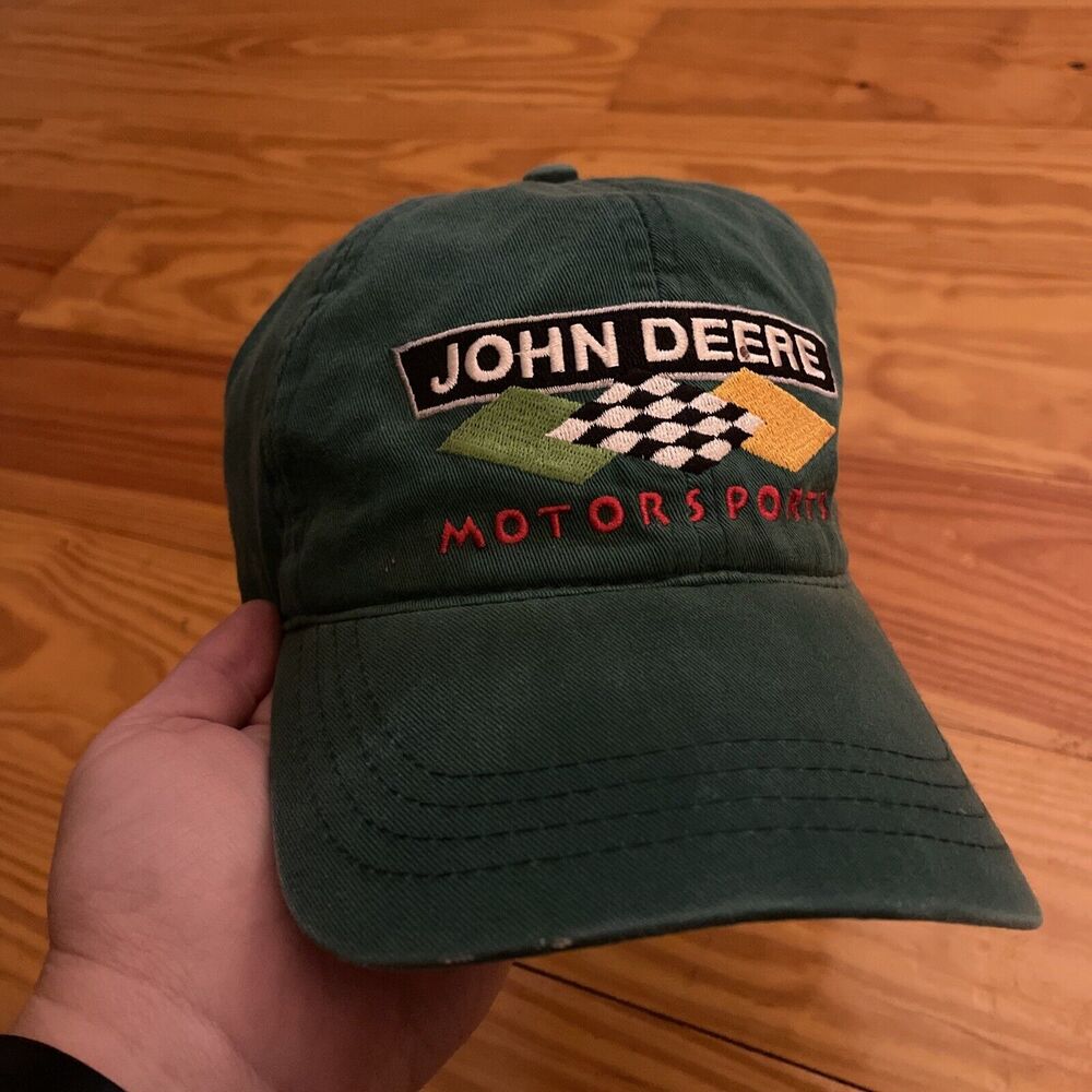 John Deere Hat OS Green NASCAR VTG 90s Motorsports Racing Chad Little Worn Edge